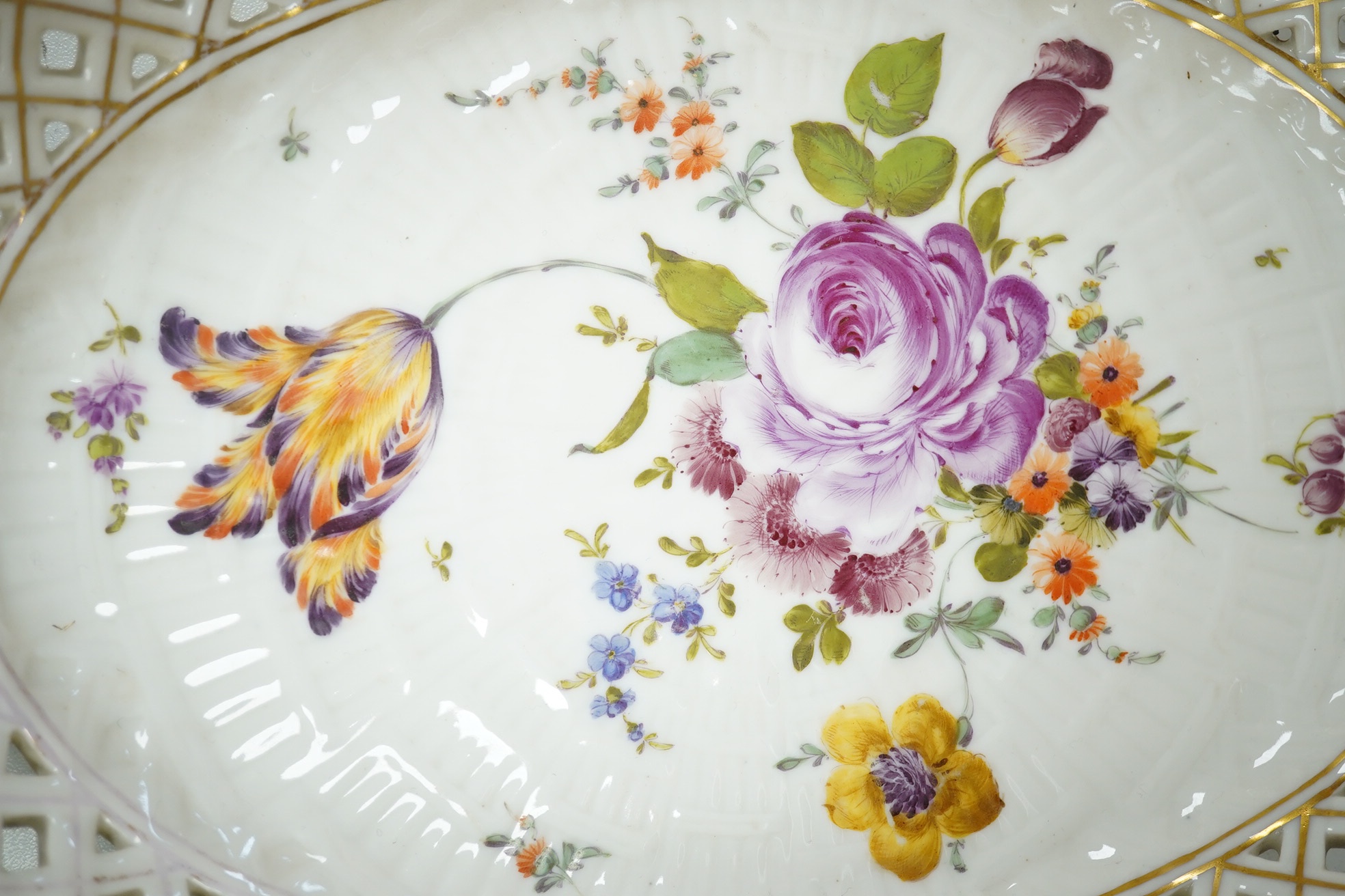 Three Potschappel flower painted reticulated dishes, largest 24.5 x 24.5cm. Condition - fair to good